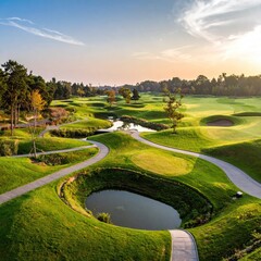 Serene sunset view of a meticulously landscaped golf course with winding paths, water features, and lush green fairways