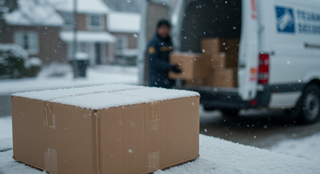 Delivery person unloading boxes from van in snowy winter landscape  