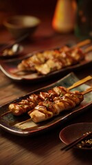 Yakitori Chicken Skewers on Plates at Restaurant