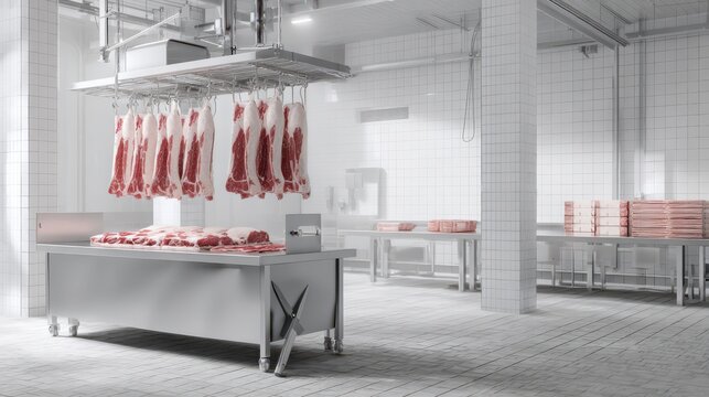 Butcher's Freshness: A clean, modern butchery reveals an assortment of fresh cuts of meat ready for processing, symbolizing the industry's dedication to quality and hygienic practices.