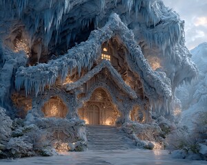 Santaa??s workshop carved into glacier with blinking AI glyphs and tech elves