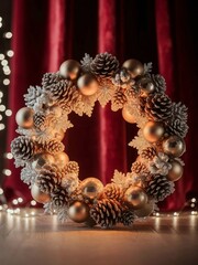 Festive Christmas Wreath with Pine Cones and Golden Ornaments.