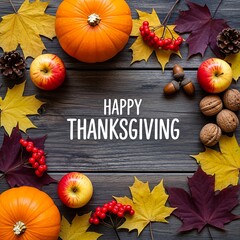 Celebrate a happy autumn season with a vibrant display of fall harvest elements including colorful leaves, plump pumpkins, and fresh fruits on a rustic wooden surface