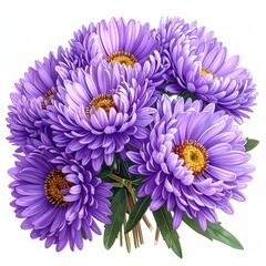 A vibrant bouquet of eight purple aster flowers with yellow centers, artfully arranged with visible stems and leaves against a stark white background