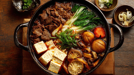Delicious hot pot steaming on wooden table with fresh vegetables, tender beef slices, tofu, mushrooms, and flavorful herbs ready for sharing with friends and family.