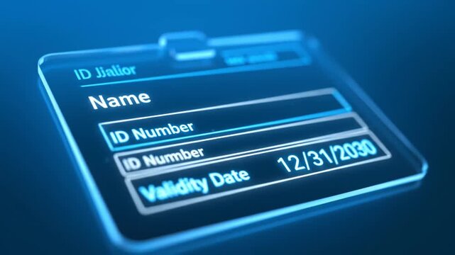 Stylized glowing digital ID card with futuristic interface, representing border and highlighting convenience as well as privacy concerns