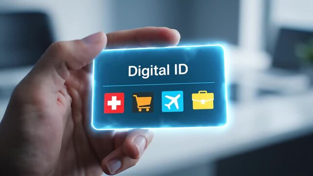 Modern glowing digital ID card with futuristic interface, representing tracking and highlighting convenience as well as privacy concerns
