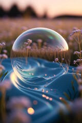 Giant soap bubble reflecting field of flowers at sunset.