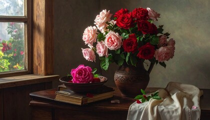 Winter sunset tea scene, roses in vase, cozy table by window