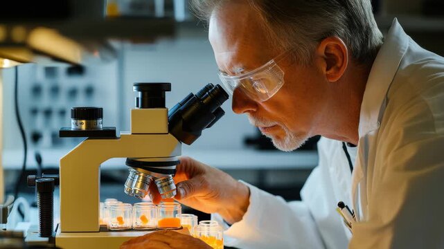 Scientist examines liquid samples under microscope in laboratory setting during an experiment, scientist looking at liquid samples through a microscope