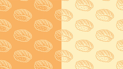 Salmon nigiri sushi line art seamless pattern on orange background for foods merchandise. Japanese nigiri snack engraving doodle pattern background. Sushi nigiri hatching motif. Restaurant, Culinary