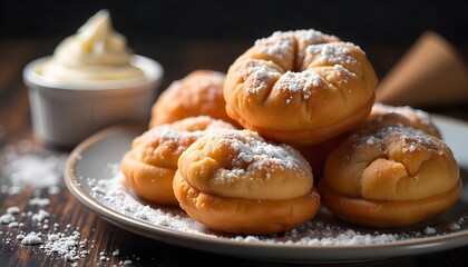 A plate of fluffy, powdered sugar-dusted donuts with a side of creamy white sauce, perfect for sweet dessert and pastry themes.