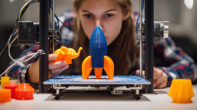 Innovation in the Making: A focused individual intently operates a 3D printer, bringing vibrant creations to life.