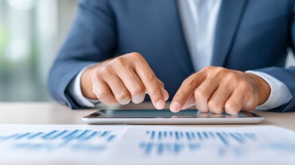 Golf Ball, Executive, Meeting, Strategic Planning Break: Productivity in Motion with Tablet Charts on Golf Course | Copy Space for Text