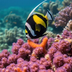 Bright Moorish Idol fish swimming over vibrant purple and orange coral reef in tropical ocean waters.