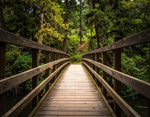 Wooden Footbridge in Lush Green Forest