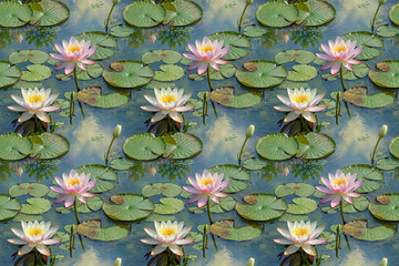 Elegant seamless botanical pattern featuring pastel water lilies and pond plants. Impressionistic style creates a repeating, soft, and aesthetic floral design