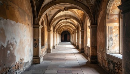 A long, arched corridor with weathered walls and pillars, leading to a shadowed end with natural light streaming through