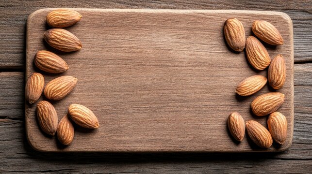 Arranging almonds on a rustic wooden surface in a natural setting for culinary photography
