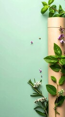 A tan tube rests on a mint background, surrounded by fresh herbs and small blossoms