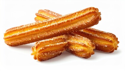 Three golden-brown churros, dusted with sugar, lie in a slightly overlapping, crisscrossed arrangement against a stark white background.  They exhibit a ridged, star-shaped pattern