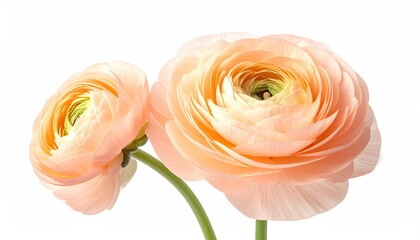 Two peach ranunculus blossoms, one slightly smaller, on a single stem, isolated against a bright white background.  The petals are densely packed and exhibit a soft, delicate texture