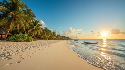 Serene Tropical Beach Sunrise Over Calm Ocean Waters