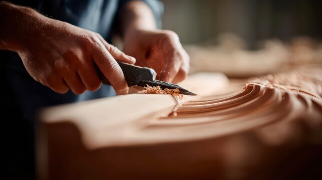 Artisan Craftsmanship: A craftsman meticulously carves intricate details into the wooden surface, his skilled hands shaping the wood with precision and care, revealing the natural beauty within.