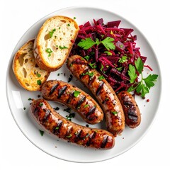 Grilled sausages, beet salad, and toasted baguette slices arranged on a white plate, overhead view