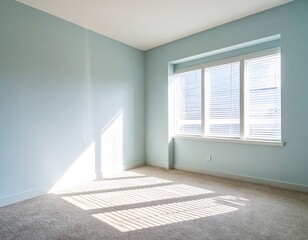 Sunlit empty room with pale blue walls, beige carpet, and a large window with white blinds