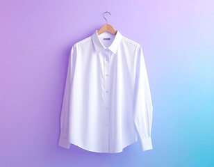 A crisp white long-sleeve collared blouse hangs neatly on a wooden hanger against a pastel purple and blue gradient background