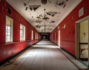 Long, red hallway in a derelict building; peeling paint, damaged ceiling, and sunlight streaming through windows onto the tiled floor