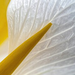 Close-up of a flower's translucent white petal overlapping a vibrant yellow stamen, showcasing intricate vein patterns and textures