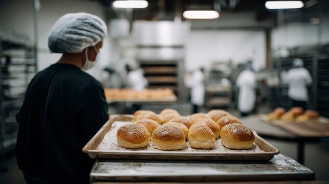 The Baker's Craft: An image showing a close up of fresh baked bread, perfectly golden and ready, sits on a tray as a baker, in a clean, professional setting.
