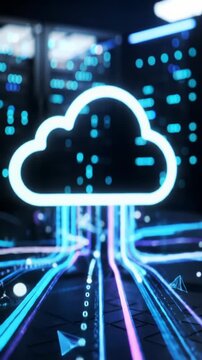 Luminous cloud icon with energetic glowing data streams and geometric particles, a futuristic digital realm with blurred server racks, subtle dolly push-in. Concept of global data connectivity