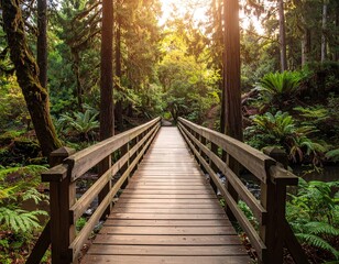 Wooden Footbridge in Lush Green Forest at Sunset
