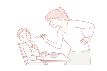 Stubborn baby refuse eating food. Mother feed ill-behaved toddler at home. Parenthood and children upbringing problems. Vector illustration.