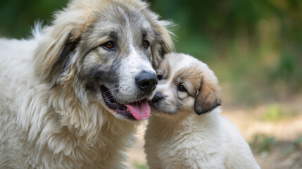 Cuddly dog and adorable puppy playing together in a sunny outdoor setting, showcasing their bond and playful nature among the greenery and soft grass.