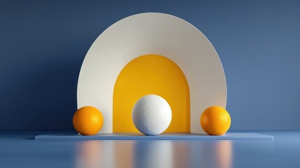A geometric display featuring three spheres, two orange and one white, positioned on a platform within a structure of arched white and yellow shapes against a deep blue backdrop.