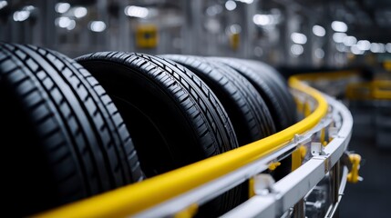 Tires on the Assembly Line: A row of brand-new tires rolls along a sleek conveyor belt in a modern factory setting. The image is filled with the promise of movement, innovation, and industry. 