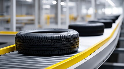 Tires on the Assembly Line: A row of brand-new tires moves along a modern production line within a factory, representing the efficiency and precision of industry.