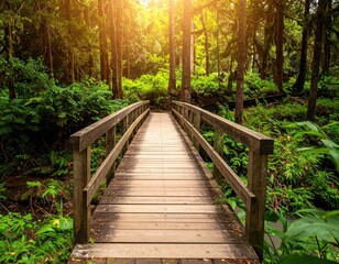 Obraz premium Wooden Footbridge in Lush Green Forest Sunlight Path