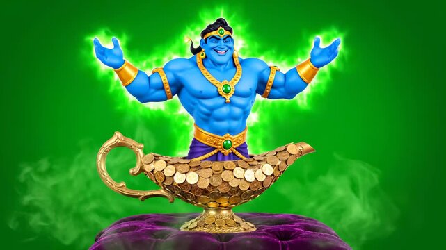 Blue genie with glowing energy rises from a golden lamp overflowing with coins, symbolizing magic, wishes, and fortune.