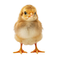Adorable fluffy yellow chick stands on white background