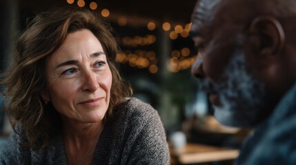 Obraz premium Contemplative woman listening to a male companion in soft lighting.
