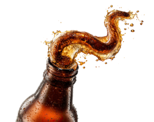 Dynamic beer splash from open bottle, isolated on transparent cutout background