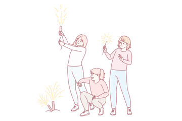 Happy children have fun throwing fireworks outdoors. Smiling girls kids celebrate with festive illuminations. Vector illustration.