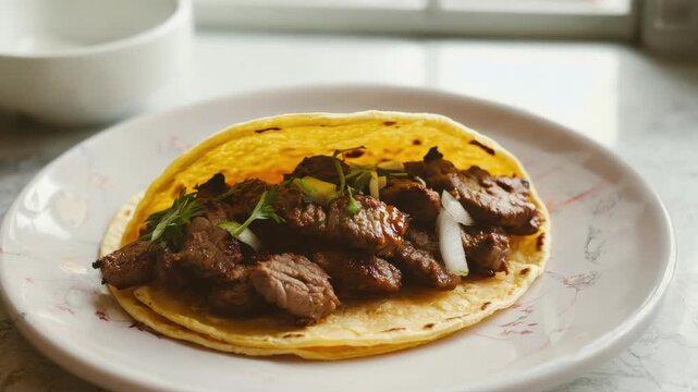 Tasty braised steak with herbs garnish served in a soft tortilla shell. Part of a Latin American culinary experience.