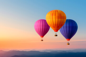 Fototapeta premium Colorful hot air balloons soaring over dreamy mountain landscape at sunset, inspiring wanderlust and adventure, perfect for travel and lifestyle brands