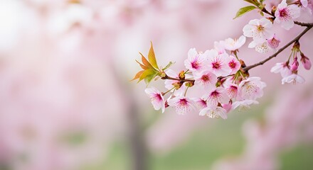 Obraz premium Beautiful cherry blossom flowers blooming on tree branches with soft sunlight and natural background. Symbol of spring, beauty, and renewal. Perfect for nature, seasonal,